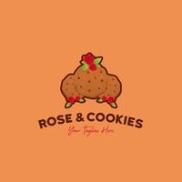 roos en koekjes logo icoon illustratie van heerlijk drie koekjes met vers rood roos bloem vector