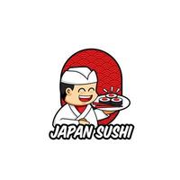 Japan sushi logo mascotte met traditioneel Japans chef karakter brengen sushi Aan een bord, uniek en schattig tekenfilm logo met traditioneel Azië achtergrond patroon vector