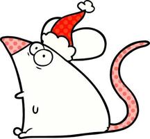 grappig boek stijl illustratie van een bang muis vervelend de kerstman hoed vector