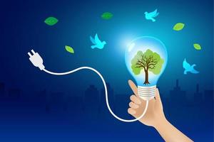 hand- Holding licht lamp groeit groen boom met vliegend vogel. duurzame milieu naar opslaan energie en natuur bescherming. hernieuwbaar ecologie en aarde dag concept. vector