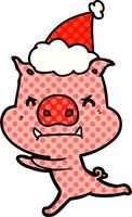 boos grappig boek stijl illustratie van een varken vervelend de kerstman hoed vector