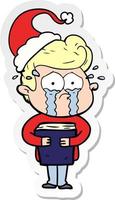 sticker tekenfilm van een huilen Mens Holding boek vervelend de kerstman hoed vector