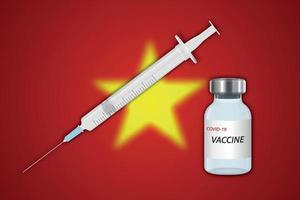 injectiespuit en vaccin flacon Aan vervagen achtergrond met Vietnam vlag vector