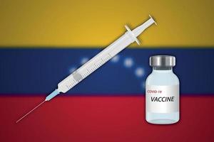 injectiespuit en vaccin flacon Aan vervagen achtergrond met Venezuela vlag vector