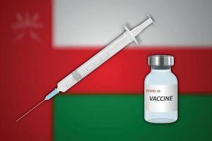 injectiespuit en vaccin flacon Aan vervagen achtergrond met Oman vlag vector