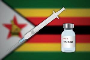 injectiespuit en vaccin flacon Aan vervagen achtergrond met Zimbabwe vlag, vector