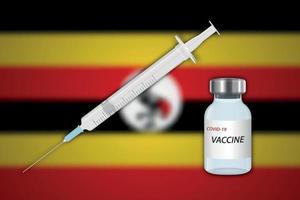 injectiespuit en vaccin flacon Aan vervagen achtergrond met Oeganda vlag, vector