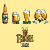internationale bierdag, augustus, fles, blik en beker glas bier vector