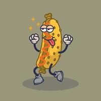 verveeld hotdog met plagen gezicht uitdrukking sticker. vector