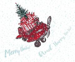 feestelijk Kerstmis kaart. rood vliegtuig met Spar boom versierd rood ballen en cadeaus Aan dak. wit besneeuwd naadloos achtergrond en tekst vrolijk Kerstmis vector