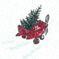feestelijk 2018 nieuw jaar kaart. rood vliegtuig met Spar boom versierd rood ballen wit besneeuwd naadloos achtergrond vector