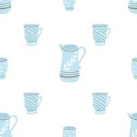 blauw geschilderd porselein kannen en cups naadloos patroon vector