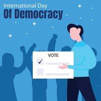 illustratie vector grafisch van een persoon Holding een stemmen kaart, tonen mensen silhouet achtergrond, perfect voor Internationale dag van democratie, vieren, groet kaart, politiek, enz.
