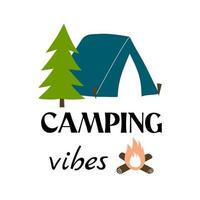 camping gevoel vector illustratie. samenstelling tent, vuur, Spar en tekst. hand- getrokken stijl. perfect voor textiel ontwerp of kom tot rust Aan natuur advertentie