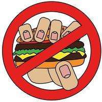 hand- Holding Hamburger, verbod teken geïsoleerd Aan wit achtergrond in tekenfilm stijl in vector grafisch