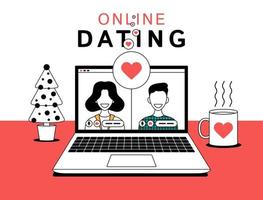 online dating concept. jong mensen vinden partners Aan dating website. gelukkig paar gebruik makend van computer voor online video chatten. vector illustratie voor sociaal media, liefde, romance concept