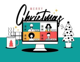 Kerstmis online groet in schets stijl. mensen vergadering online samen met familie of vrienden video roeping Aan computer virtueel discussie. groep van mensen vergadering via videoconferentie Aan Kerstmis vector