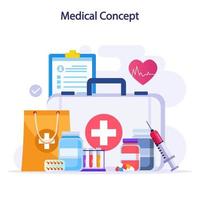 vlak vector illustratie apotheek en medisch concept, hulp, gezondheidszorg, drogisterij, geneesmiddel.