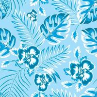 lucht blauw achtergrond illustratie met exotisch monstera varen bladeren en abstract bloemen planten gebladerte. mooi naadloos backdrop met tropisch planten licht. zomer themed ontwerp. bloemen achtergrond vector