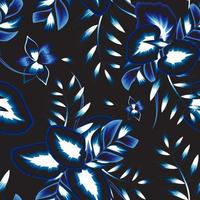 licht blauw monochromatisch kleur stijl tropisch calla bladeren naadloos patroon met schijnend abstract frangipani bloemen planten en gebladerte Aan nacht achtergrond. modieus textuur. zomer afdrukken ontwerp vector