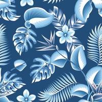 zomer neiging naadloos achtergrond met helder tropisch monstera varen bladeren en strelitzia bloemen, frangipani fabriek gebladerte Aan blauw achtergrond. vector ontwerp. oerwoud afdrukken. bloemen achtergrond. zomer