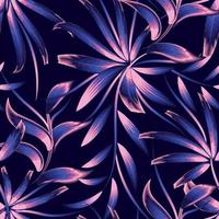 abstract naadloos patroon met kleurrijk tropisch bamboe bladeren en mooi blauw roze planten gebladerte Aan donker achtergrond. monochromatisch stijl. bloemen achtergrond. exotisch tropen. zomer ontwerp. voorjaar vector