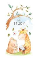 schattig tekenfilm beer en giraffe lezing een boek onder boom Afdeling vector
