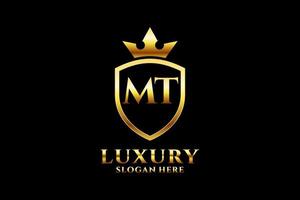 eerste mt elegant luxe monogram logo of insigne sjabloon met scrollt en Koninklijk kroon - perfect voor luxueus branding projecten vector