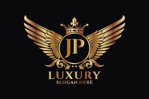 luxe Koninklijk vleugel brief jp kam goud kleur logo vector, zege logo, kam logo, vleugel logo, vector logo sjabloon.