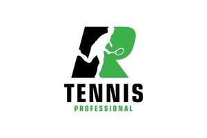 letter r met tennisspeler silhouet logo ontwerp. vectorontwerpsjabloonelementen voor sportteam of huisstijl. vector
