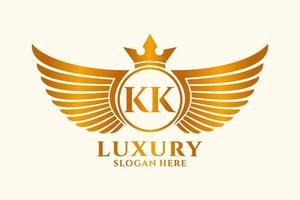 luxe Koninklijk vleugel brief kk kam goud kleur logo vector, zege logo, kam logo, vleugel logo, vector logo sjabloon.