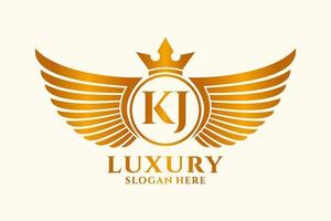 luxe Koninklijk vleugel brief kj kam goud kleur logo vector, zege logo, kam logo, vleugel logo, vector logo sjabloon.