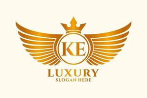 luxe Koninklijk vleugel brief ke kam goud kleur logo vector, zege logo, kam logo, vleugel logo, vector logo sjabloon.