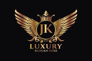 luxe Koninklijk vleugel brief jk kam goud kleur logo vector, zege logo, kam logo, vleugel logo, vector logo sjabloon.