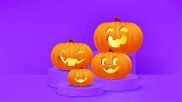 gelukkig halloween Purper banier, sjabloon of partij uitnodiging achtergrond met jack O lantaarn gezicht schattig pompoenen Aan podium tafereel. 3d vector illustratie realistisch pompoen.