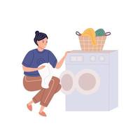 vrouw aan het doen wasserij zetten vuil kleren Aan het wassen vector