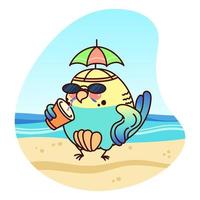 papegaai staat Aan de strand en drankjes Frisdrank. dwaas hoed met paraplu. vakantie tijd. kawaii karakter. blauw parkiet. grappig sticker. schattig vector illustratie geïsoleerd Aan wit achtergrond.
