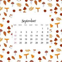 2023 kalender voor september. vector illustratie van maand kalender Aan naadloos patroon met herfst bladeren en champignons in tekenfilm vlak stijl. kleurrijk achtergrondgeluid met maand rooster.
