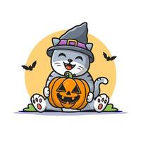 schattig heks kat knuffel pompoen halloween tekenfilm vector icoon illustratie. dier vakantie icoon concept geïsoleerd premie vector. vlak tekenfilm stijl