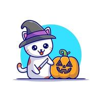 schattig heks kat met pompoen halloween tekenfilm vector icoon illustratie. dier vakantie icoon concept geïsoleerd premie vector. vlak tekenfilm stijl