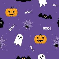 halloween naadloos patroon met pompoen jack O lantaarn, knuppel, geest, spin web in Purper achtergrond. halloween groet kaarten. vakantie seizoen behang, geschenk papier, patroon vult, web bladzijde achtergrond. vector