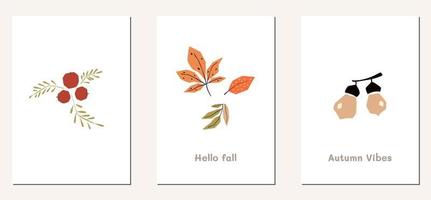 herfst stemming poster wenskaartsjabloon. welkom herfst seizoen thanksgiving uitnodiging. minimalistische ansichtkaart natuur bladeren, bomen, pompoenen, abstracte vormen. vectorillustratie in platte cartoonstijl vector