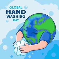 globaal handen wassen dag concept met hand- getrokken wereldbol tekenfilm vector