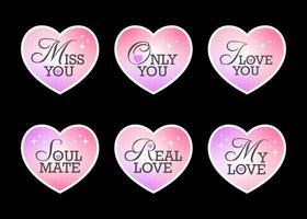 modieus y2k liefde stickers pak. koel meisjesachtig patches verzameling. inspirerend groovy liefde slogans voor grafisch tee vector