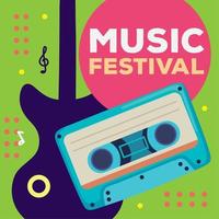 muziek- festival belettering met cassete en gitaar vector