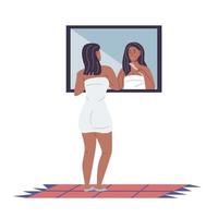 schattig jong zwart vrouw staand in voorkant van spiegel kammen vector