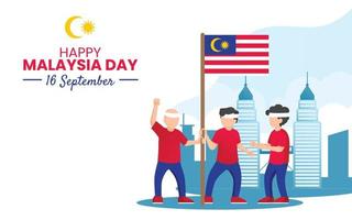 Maleisië dag banier of poster met mensen Holding vlag. Maleisië dag 16 september plein achtergrond voor vleier, reclame kaart, sociaal media na. vector illustratie.