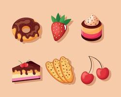 zes desserts producten pictogrammen vector