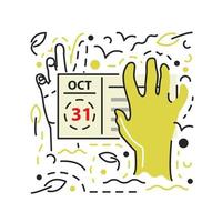 groen zombie hand- met kalender en bladeren. halloween vakantie armen verschijnen van graf land- Bij begraafplaats. handen plakken uit van graf. getextureerde hand getekend vlak vector illustratie geïsoleerd Aan wit