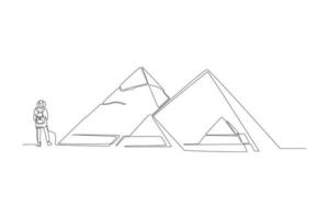 doorlopend een lijn tekening jong toerist reizen naar piramide in Egypte. mijlpaal concept. single lijn trek ontwerp vector grafisch illustratie.